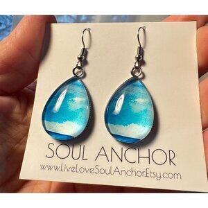Ocean Sky Teardrop Earrings Nickel Free Dangle Blue Watercolor Boutique Retired